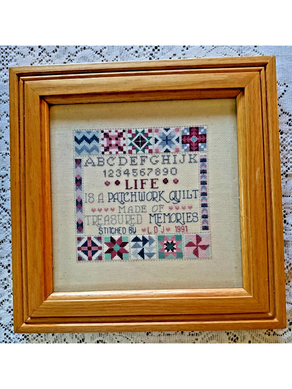 Vintage Framed Cross-stitch Sampler Alphabet & Quilt Pattern Border